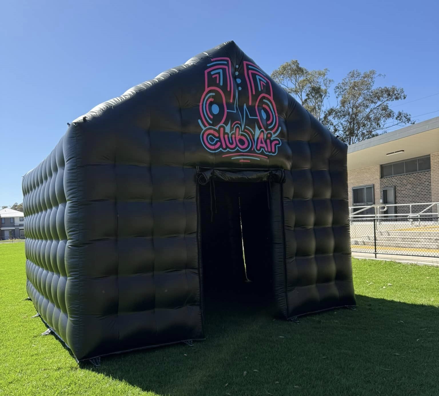 Club Air inflatable nightclub front view showing footprint in a Sydney backyard