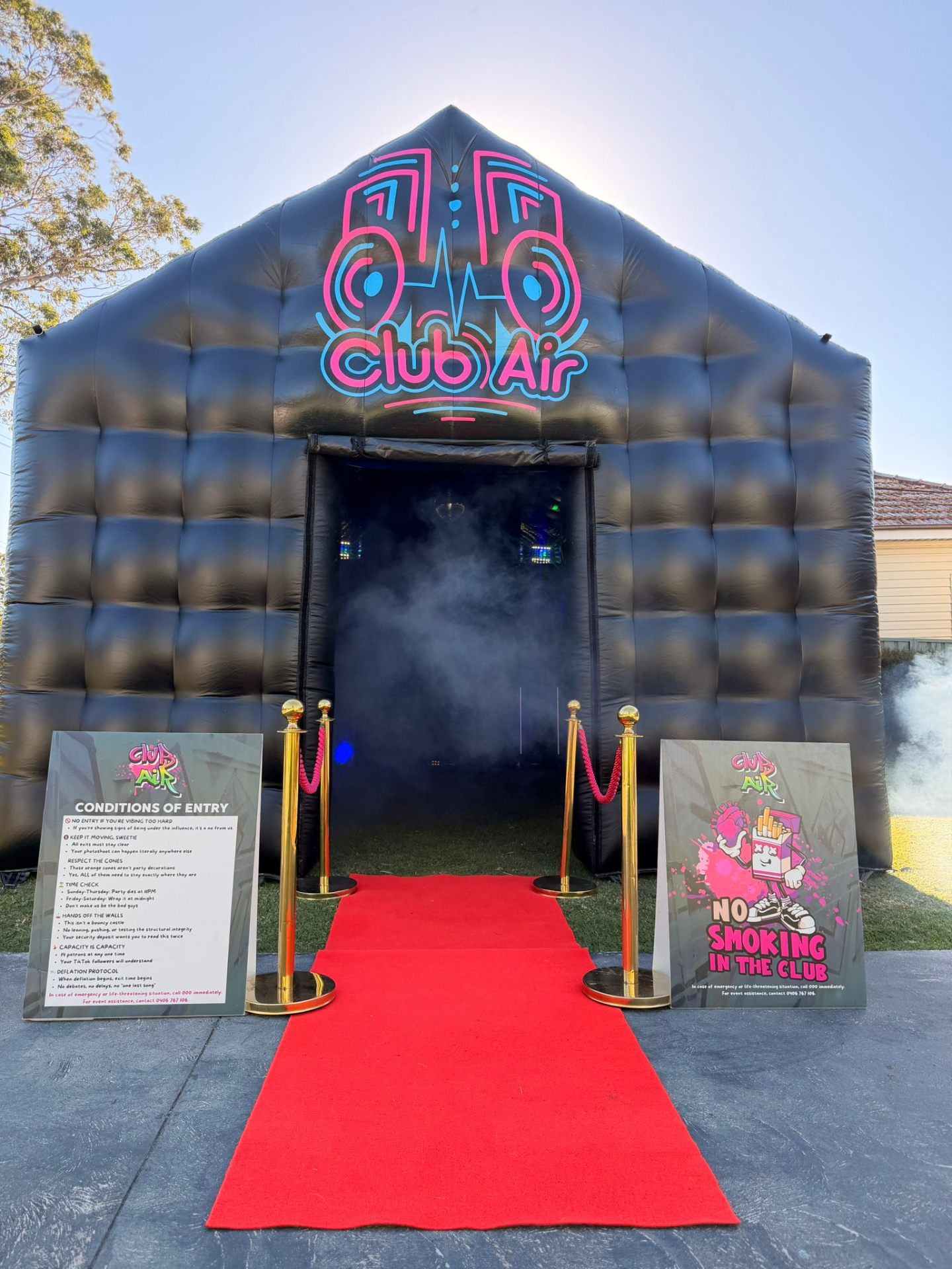 Inflatable nightclub set up in a Sydney backyard at night